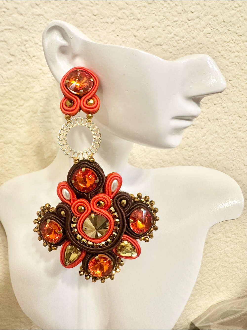Handmade Orange and Brown Soutache Statement Earrings